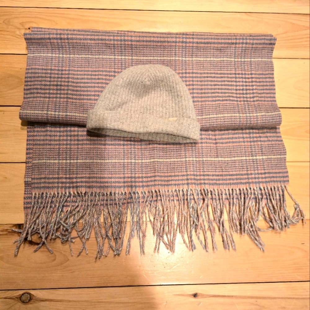 Plaid Fringe Scarf and Knit Beanie Set